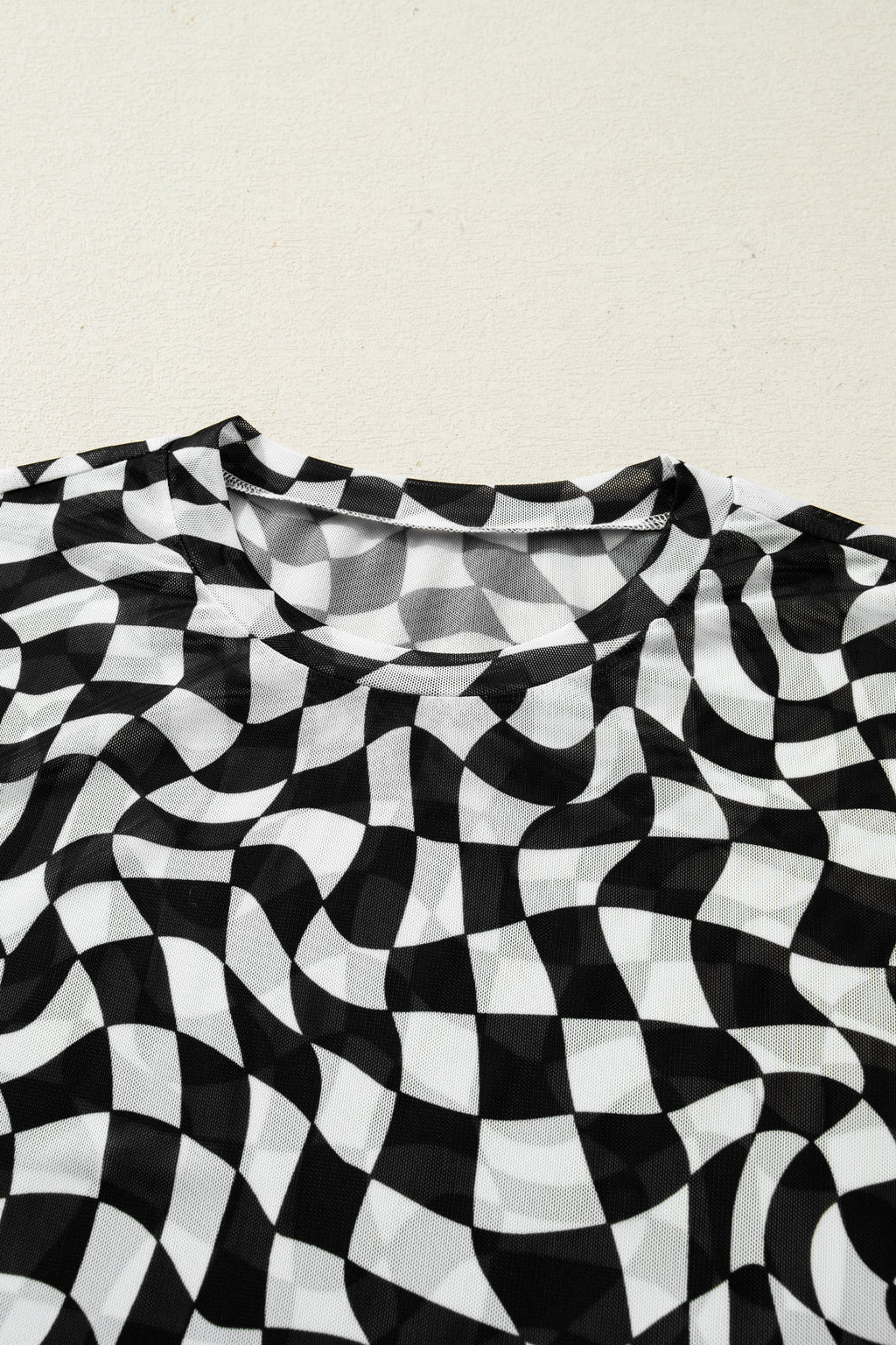 Sheer Checkered Mock Neck Mesh Short Sleeve