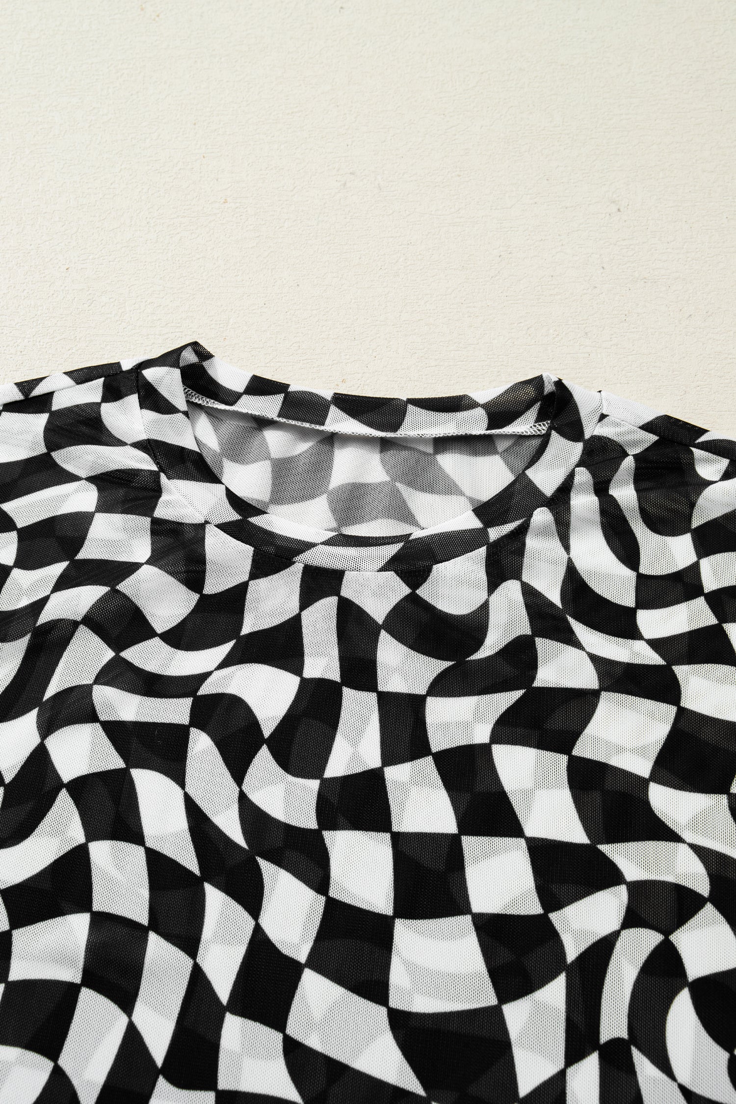 Sheer Checkered Mock Neck Mesh Short Sleeve