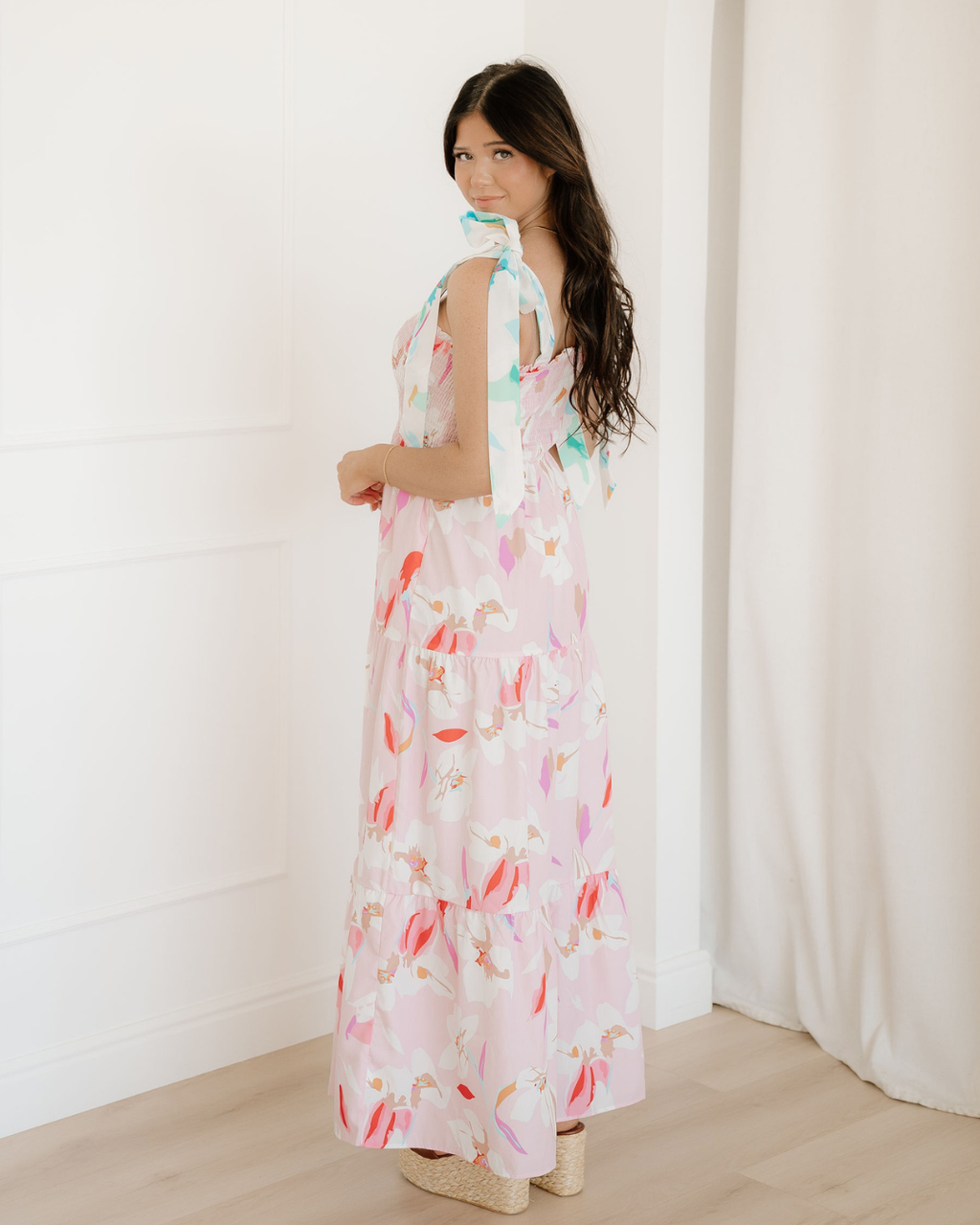 Sunshine Floral Print Knotted Shoulder Smocked Maxi Dress