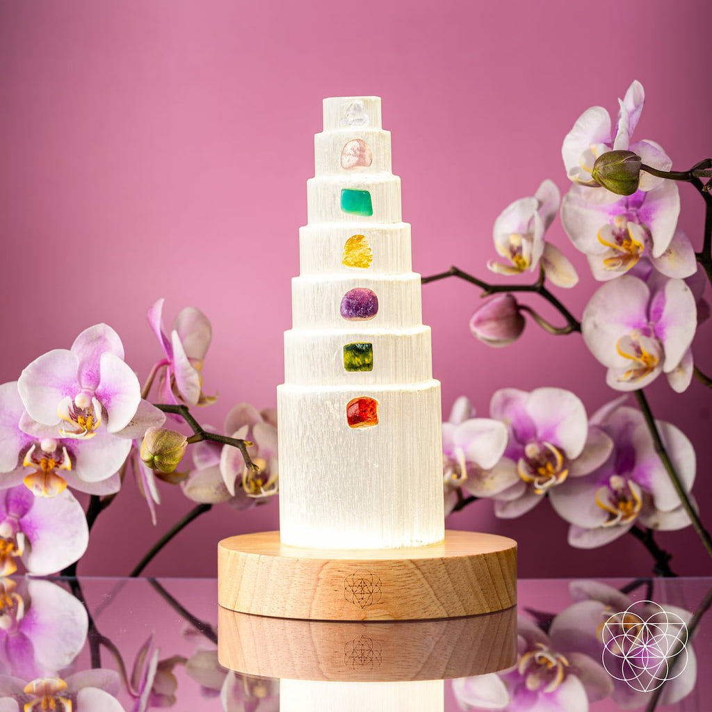 7-Crystal Tower Lamp — Rare Gemstone Nightlight for Home & Wellness Spaces