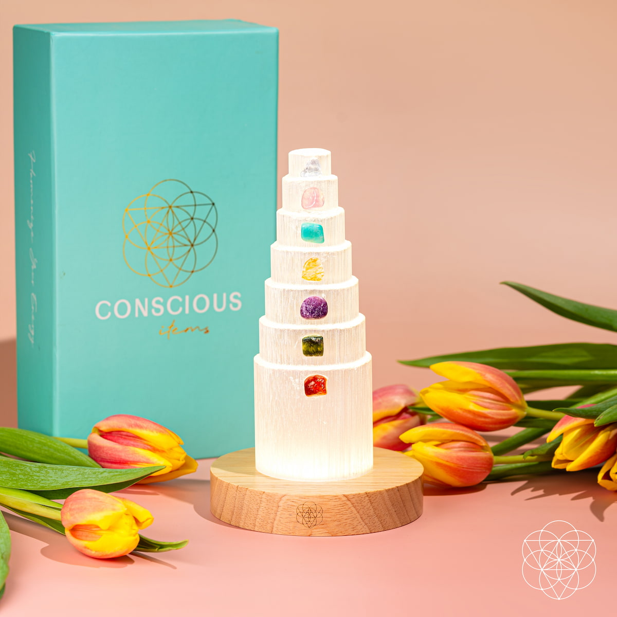 7-Crystal Tower Lamp — Rare Gemstone Nightlight for Home & Wellness Spaces