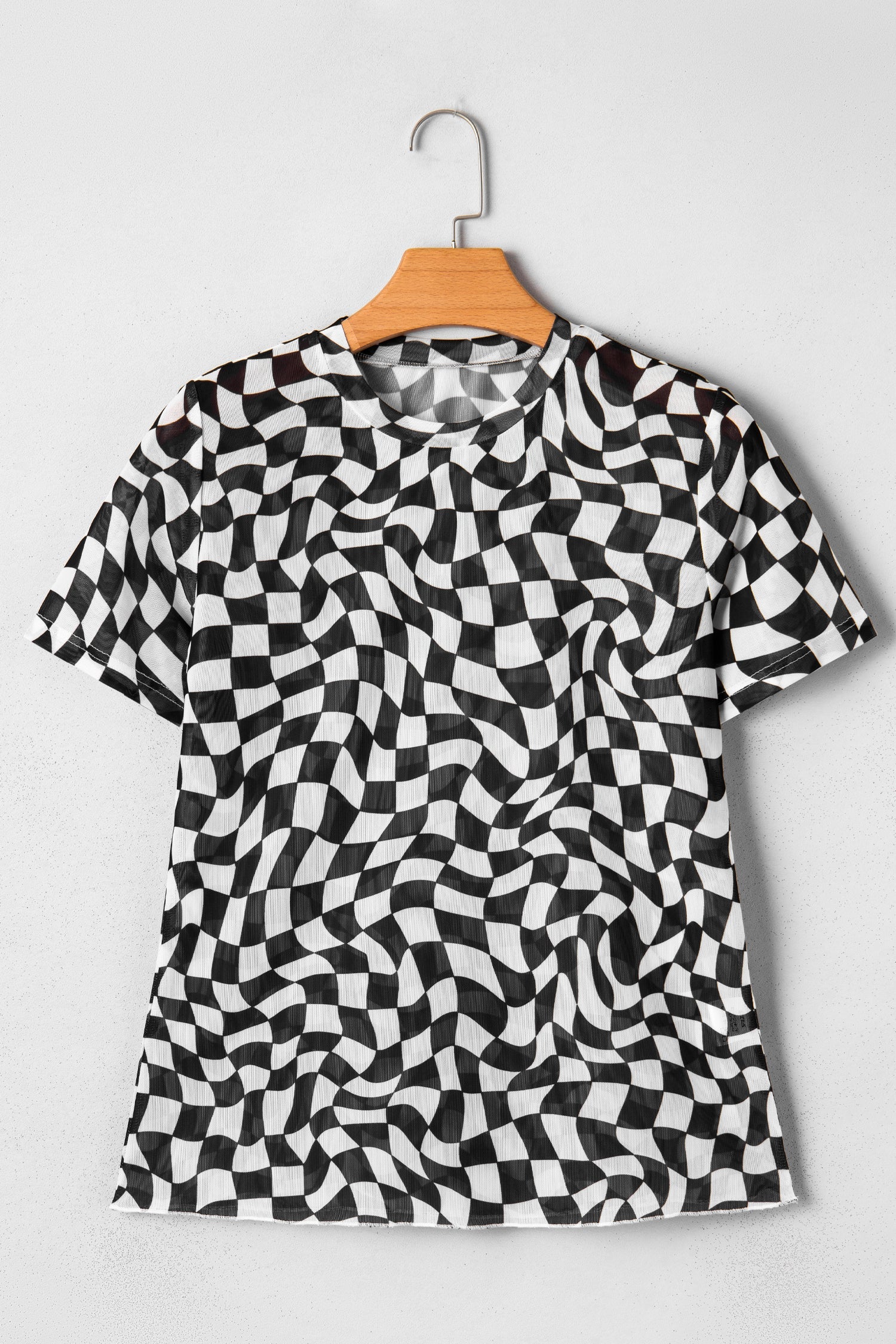 Sheer Checkered Mock Neck Mesh Short Sleeve