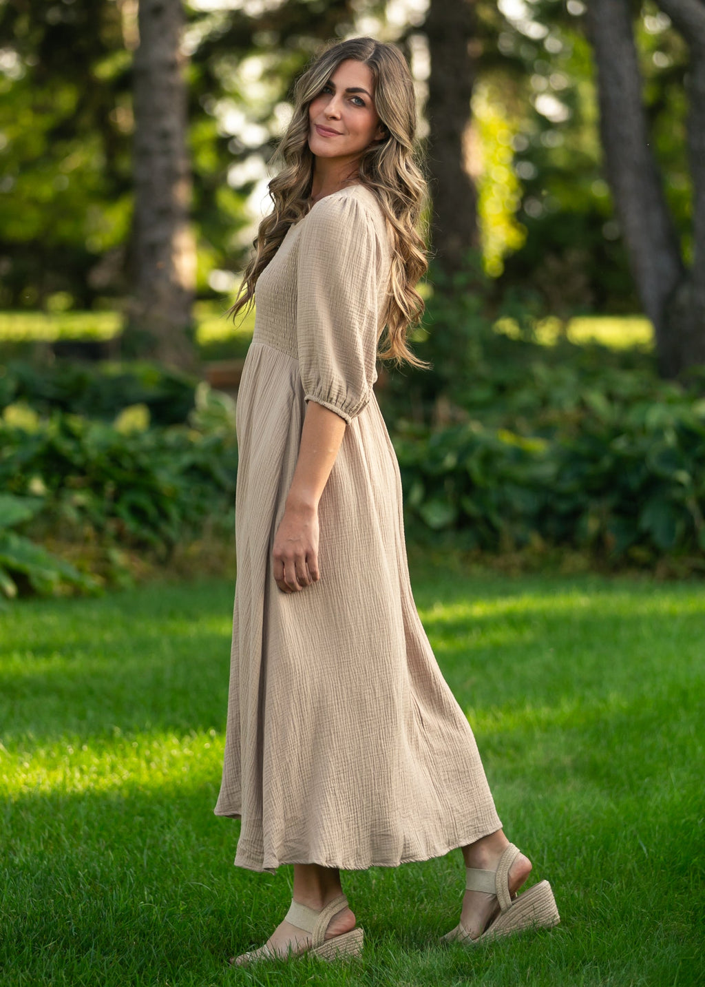 Kayleen Tan Smocked Bodice Gauze Dress