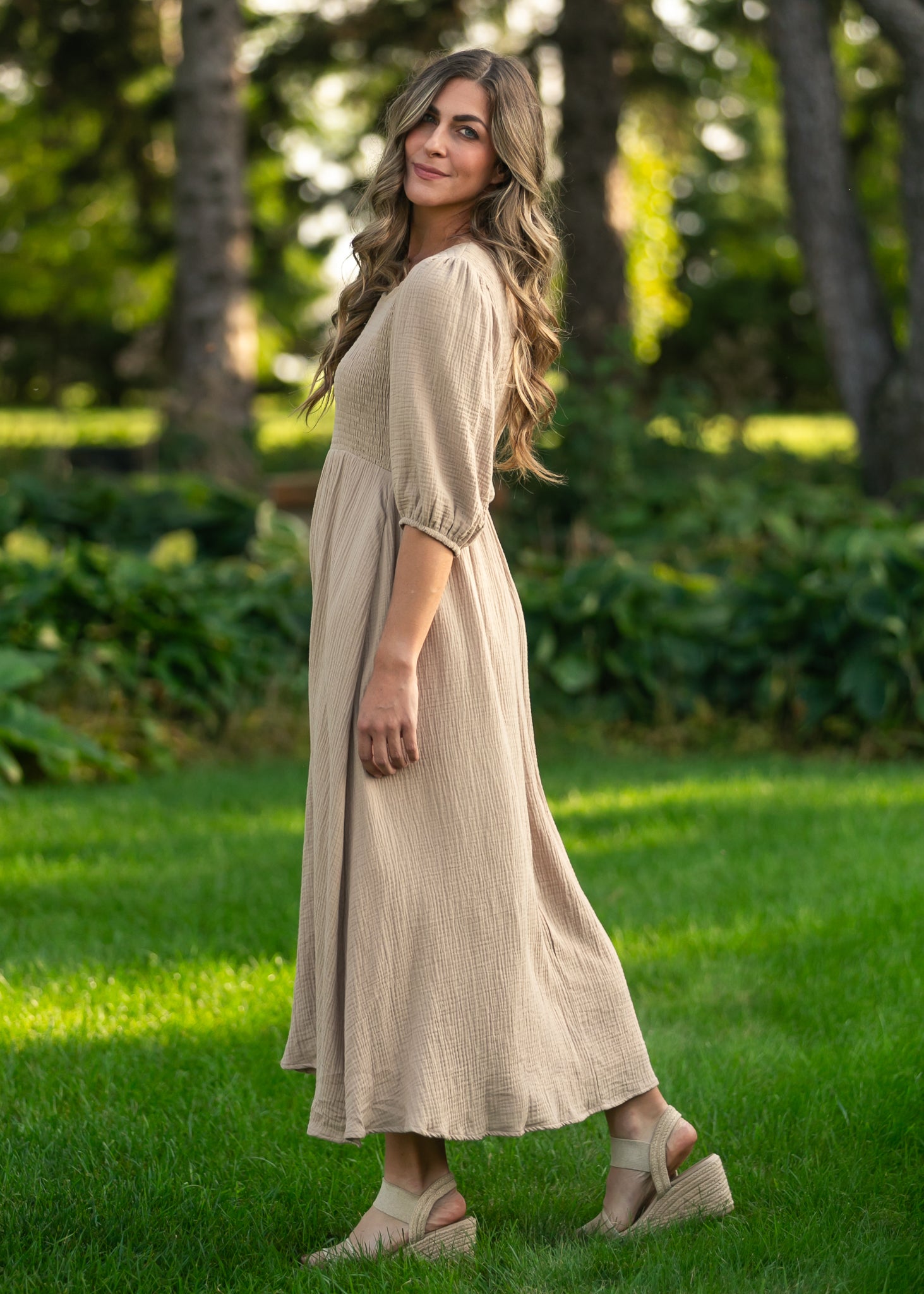 Kayleen Tan Smocked Bodice Gauze Dress