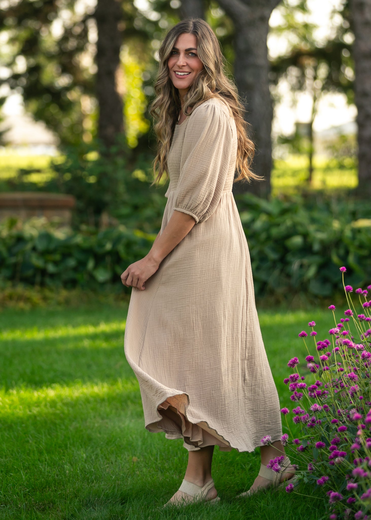 Kayleen Tan Smocked Bodice Gauze Dress