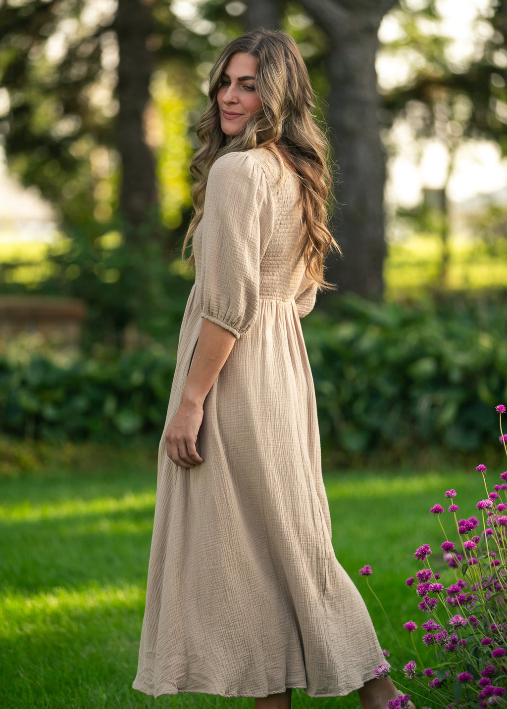 Kayleen Tan Smocked Bodice Gauze Dress