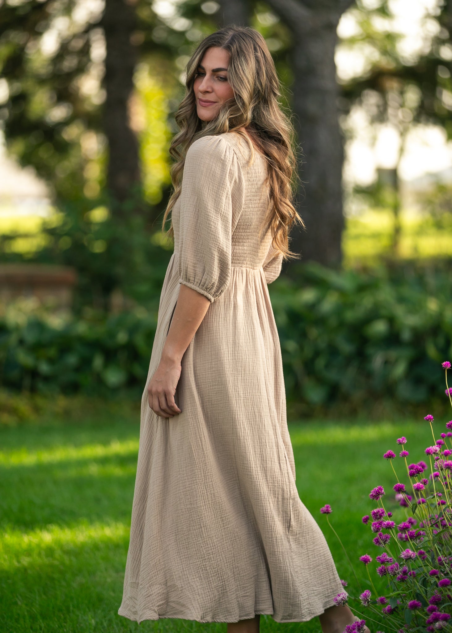 Kayleen Tan Smocked Bodice Gauze Dress