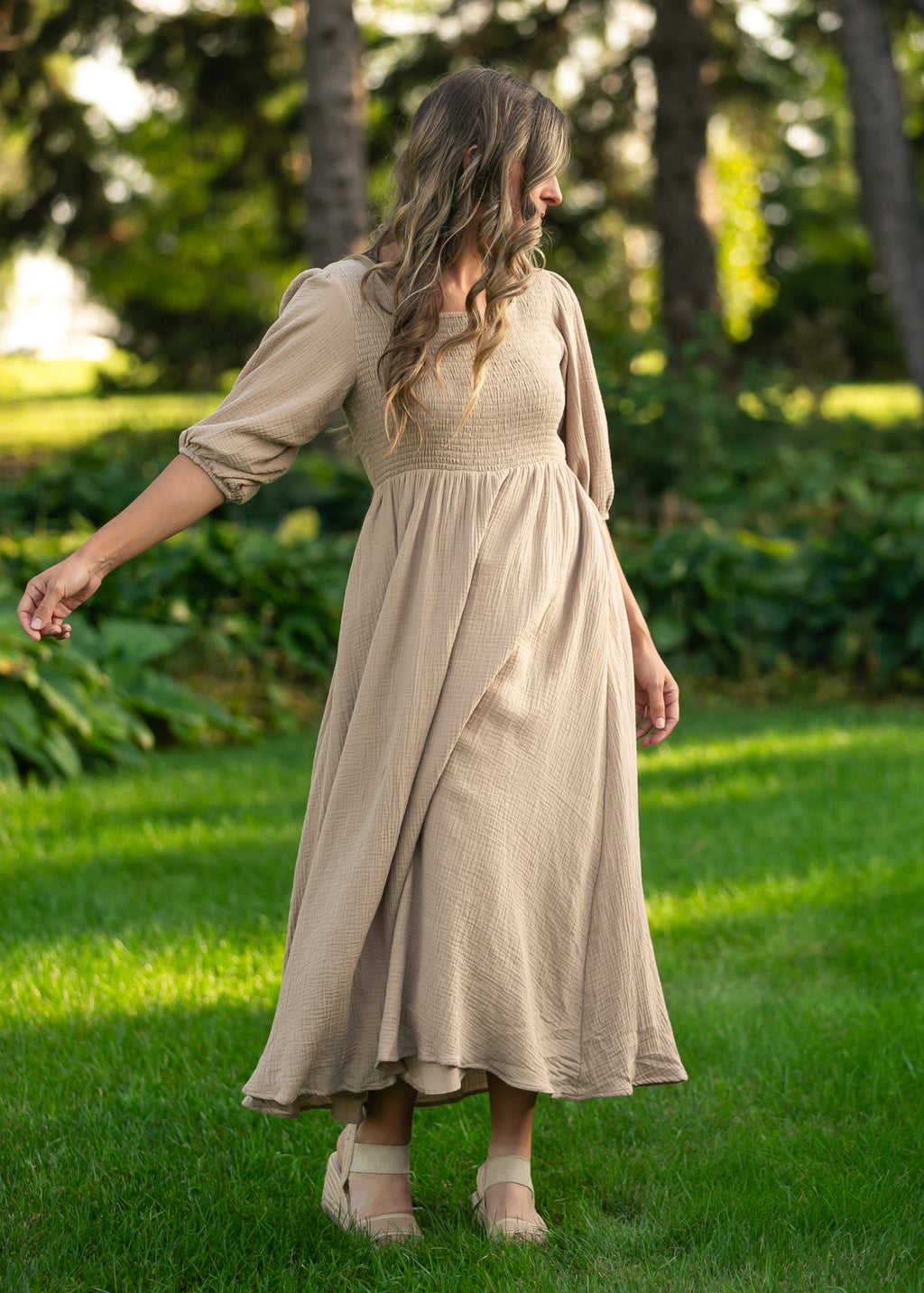 Kayleen Tan Smocked Bodice Gauze Dress