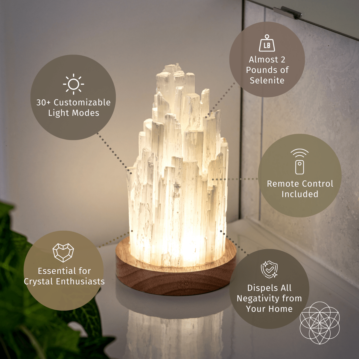Selenite Crystal Tower Lamp with 30 Adjustable Light Modes