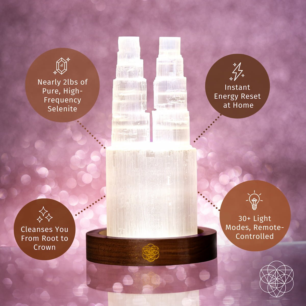 Double Selenite Crystal Tower Lamp — 30 Adjustable Light Modes