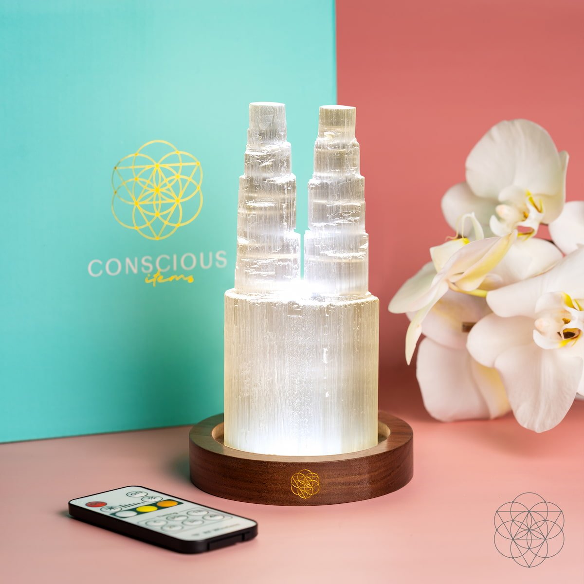 Double Selenite Crystal Tower Lamp — 30 Adjustable Light Modes
