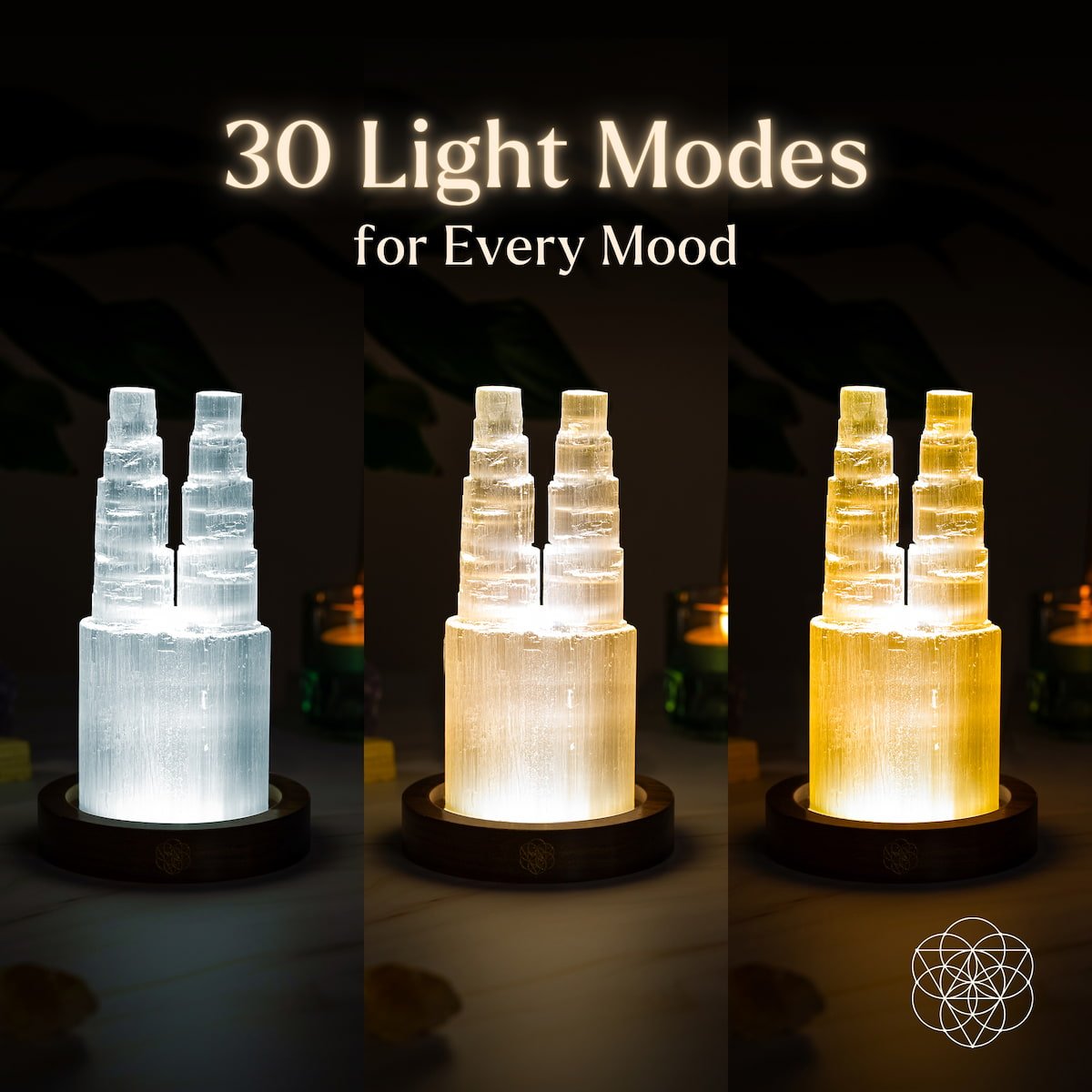 Double Selenite Crystal Tower Lamp — 30 Adjustable Light Modes