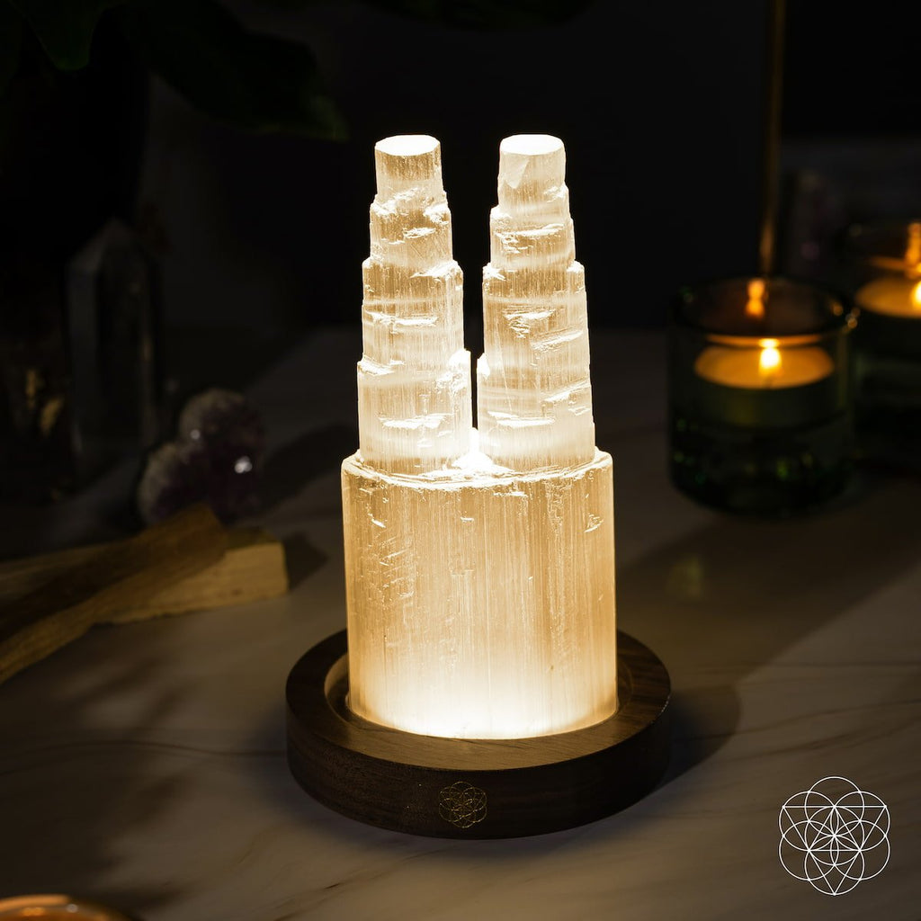 Double Selenite Crystal Tower Lamp — 30 Adjustable Light Modes