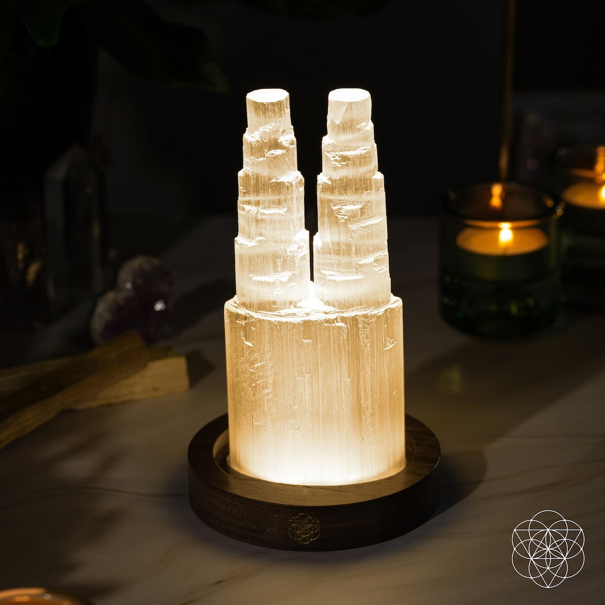 Double Selenite Crystal Tower Lamp — 30 Adjustable Light Modes