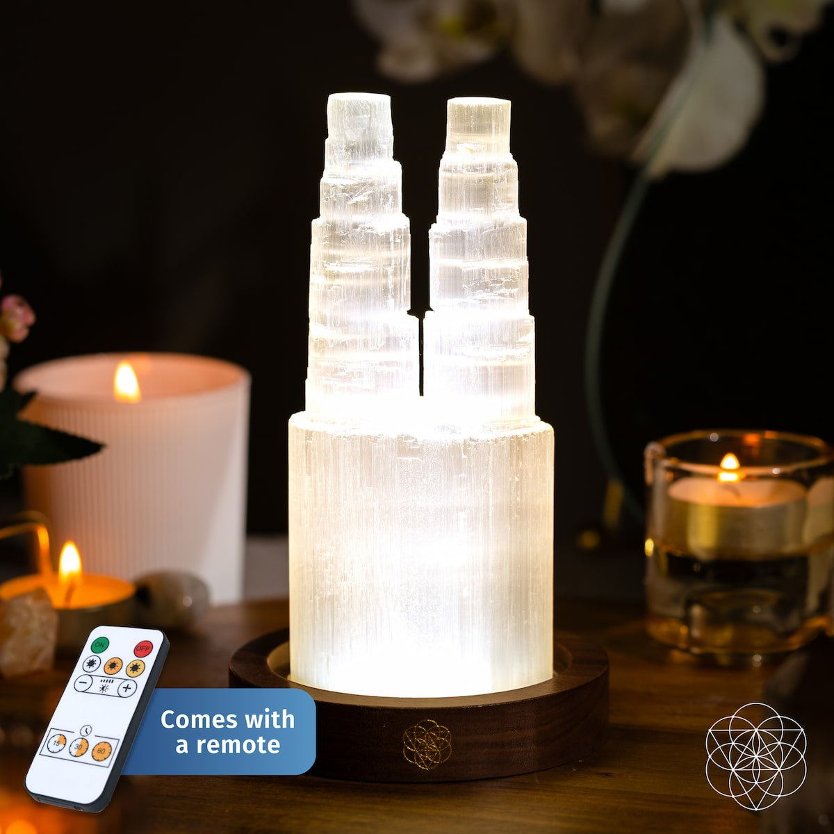 Double Selenite Crystal Tower Lamp — 30 Adjustable Light Modes