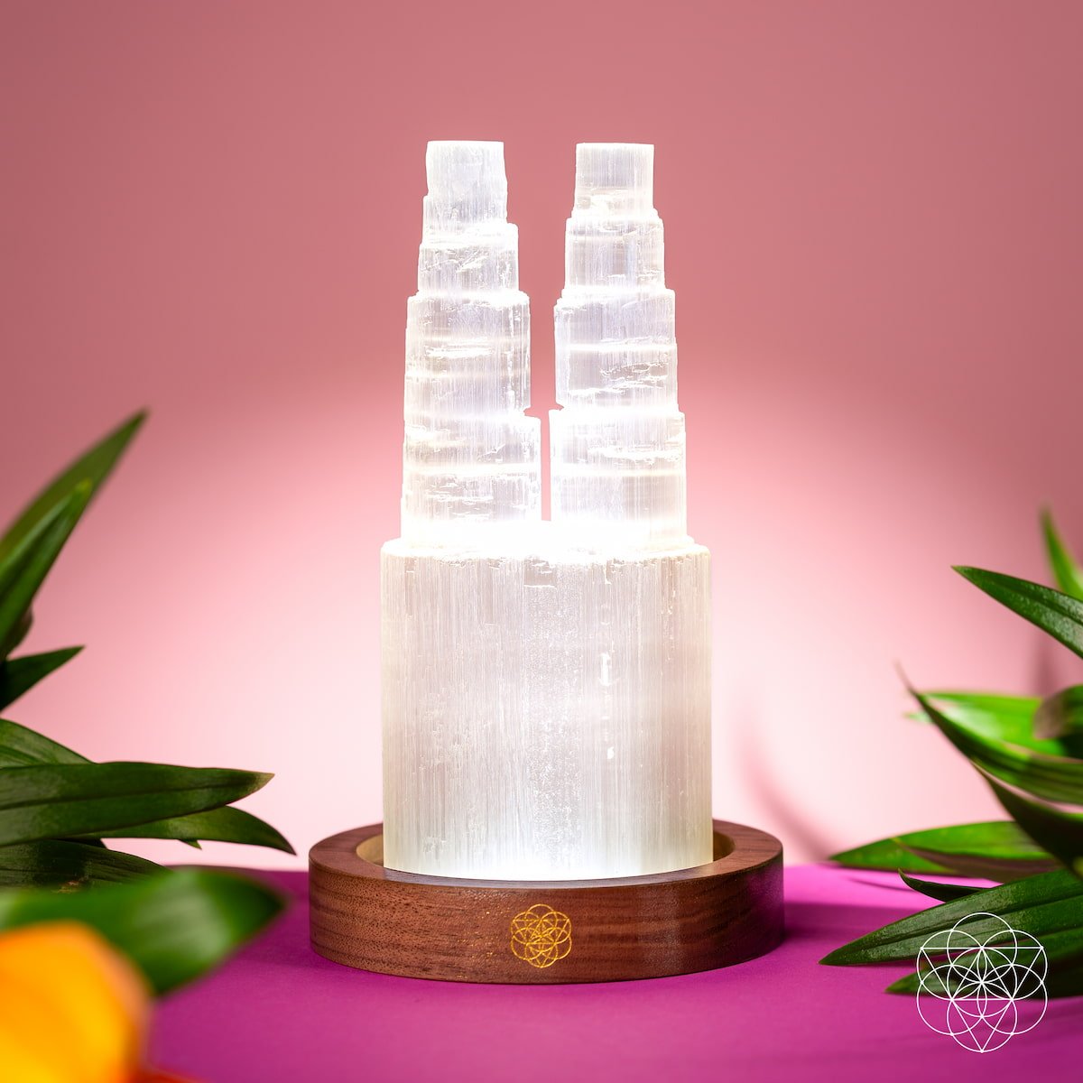 Double Selenite Crystal Tower Lamp — 30 Adjustable Light Modes