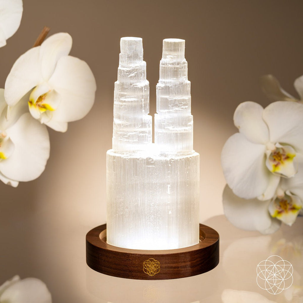 Double Selenite Crystal Tower Lamp — 30 Adjustable Light Modes