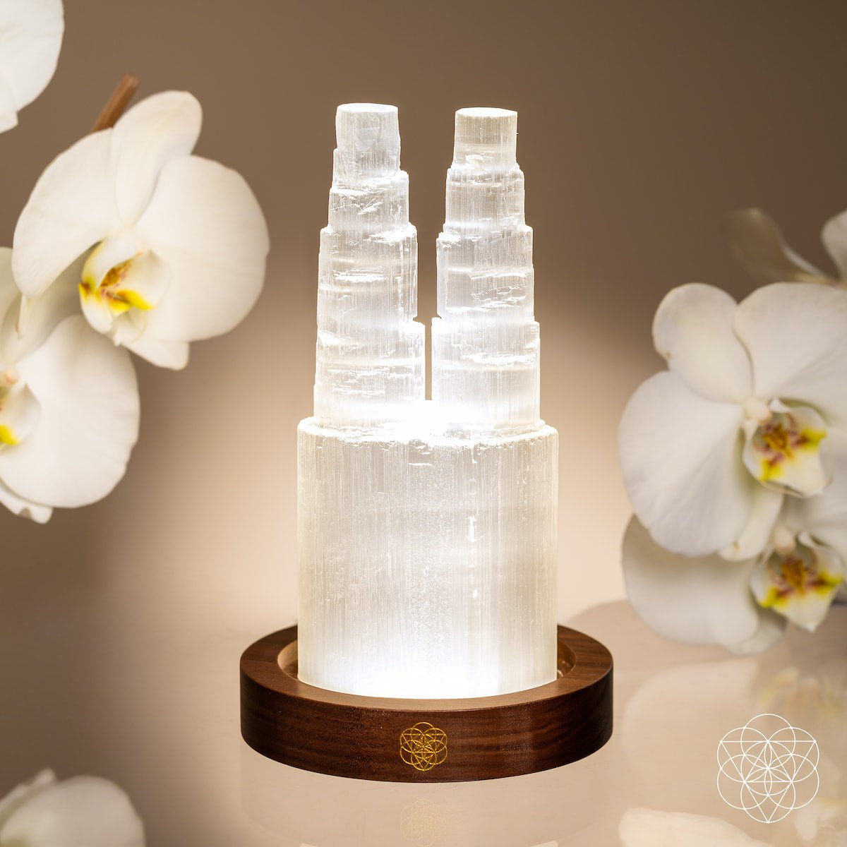 Double Selenite Crystal Tower Lamp — 30 Adjustable Light Modes